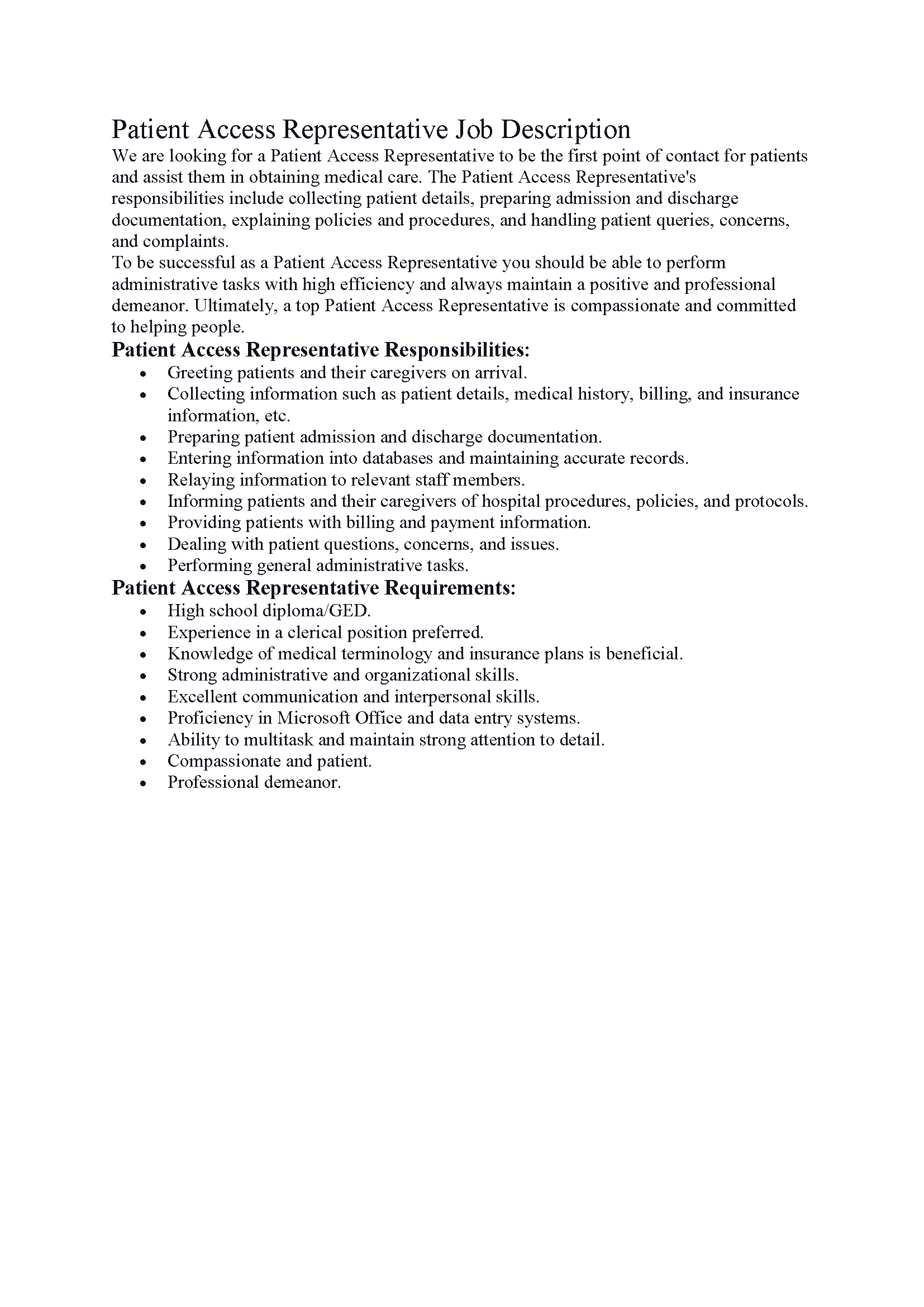 Patient Access Representative Job Description